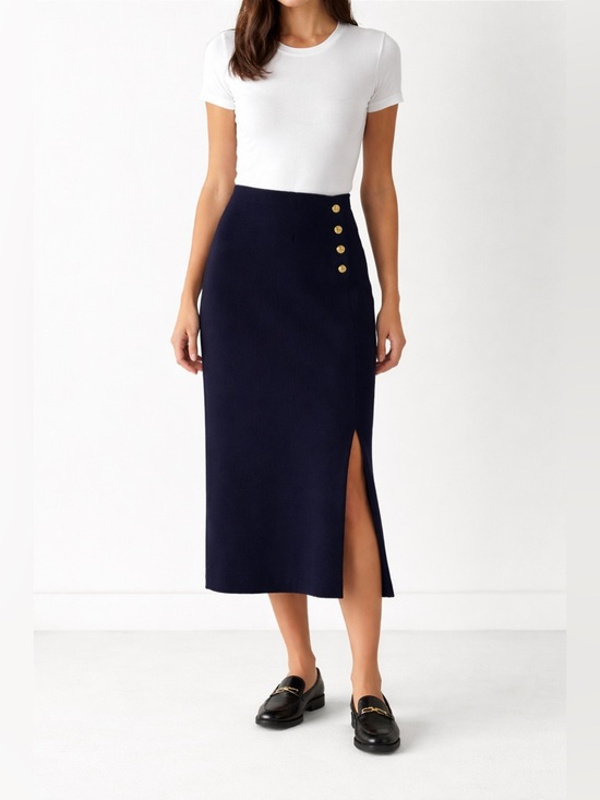 Lauren Ralph Lauren Dresses & Skirts - Lauren Ralph Lauren Merino Wool Midi Skirt Navy Gold Button Slit M